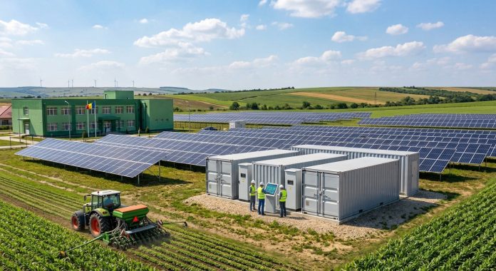 Sistem industrial de stocare energie regenerabilă în baterii, panouri fotovoltaice și clădire a unei instituții publice din mediul rural