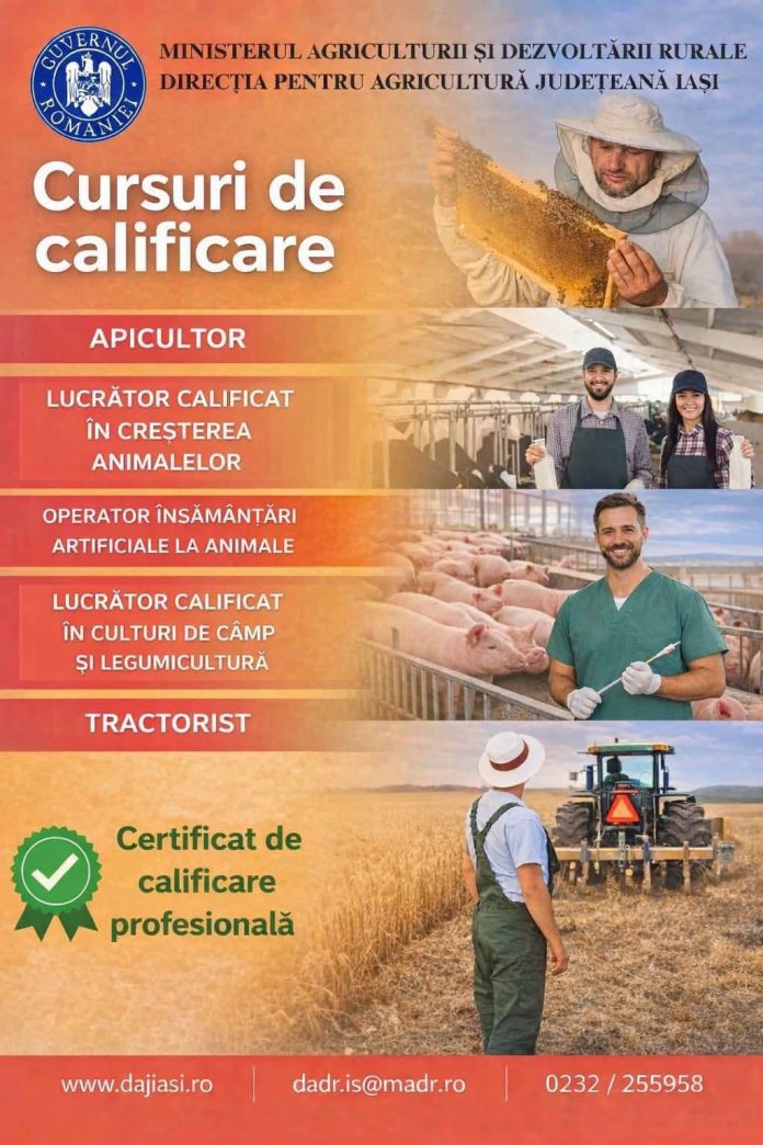 Afiș oficial al Direcției pentru Agricultură Județeană Iași privind înscrierile la cursurile de calificare profesională în agricultură și legumicultură