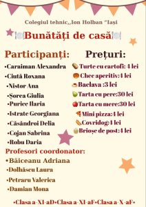 Afiș cu lista elevilor, profesorilor coordonatori și prețurile preparatelor pregătite de Colegiul Tehnic Ion Holban la târgul organizat de DAJ Iași de Ziua Produsului Agroalimentar Românesc.