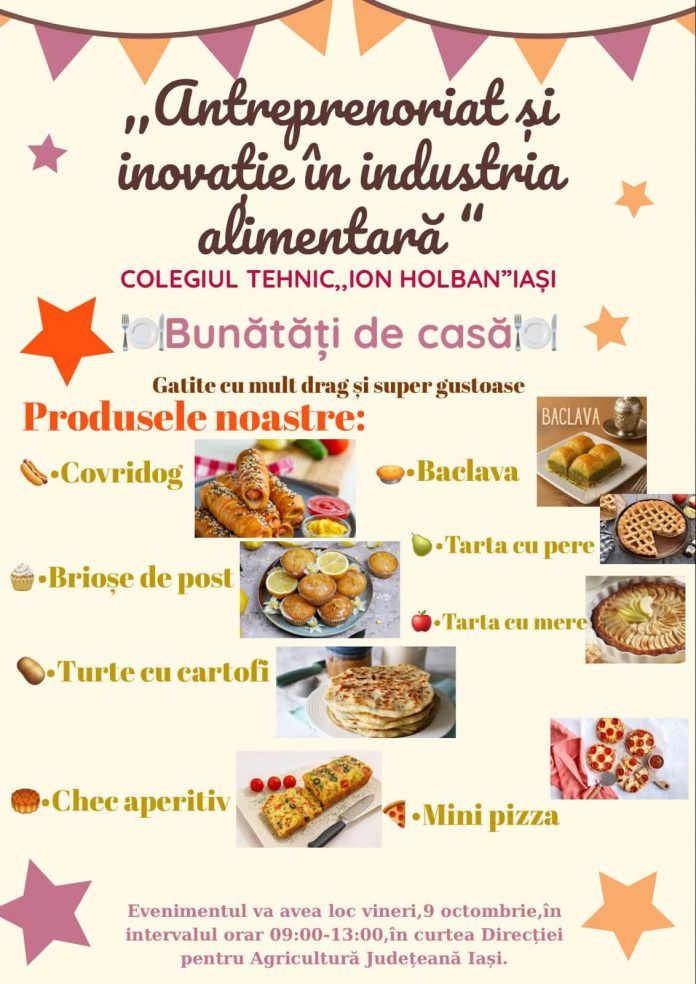 Galerie cu preparatele culinare de casă realizate de elevii ieșeni pentru Târgul de Ziua Produsului Agroalimentar Românesc din curtea DAJ Iași.