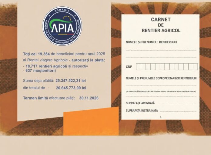 Carnet de rentier agricol și date statistice APIA privind plățile autorizate pentru renta viageră în 2026