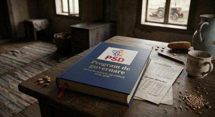 O carte nouă cu programul de guvernare PSD așezată pe o masă veche de lemn într-o casă țărănească, lângă foi cu însemnări despre sprijinul pentru fermieri și boabe de porumb.