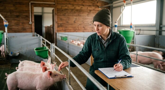 Fermier verificând documentele pentru cererea de ajutor de stat acordat crescătorilor de porci prin APIA