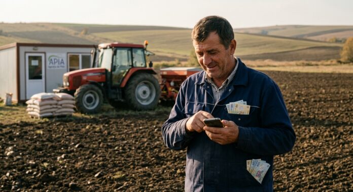 Fermier pe un teren agricol verificând telefonul mobil în timpul campaniei de plată a avansului APIA