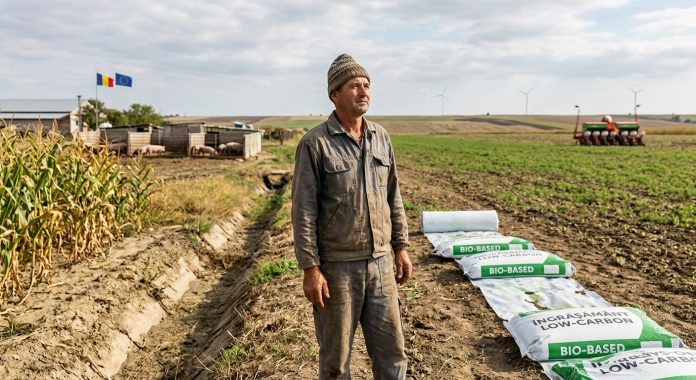 Fermier din agricultura românească privind spre culturi pe un câmp unde sunt depozitați saci cu îngrășăminte bio-based