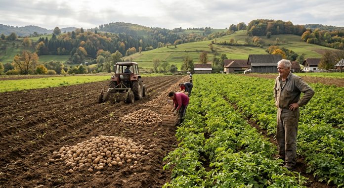 Fermieri români recoltând cartofi manual și mecanizat într-un peisaj rural de toamnă, o imagine reprezentativă pentru provocările și perspectivele sectorului agricol autohton.